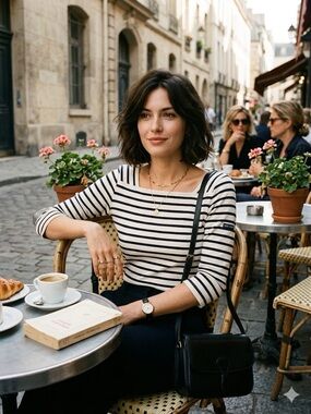 Saint James Square Neck Marine Striped Top Black White